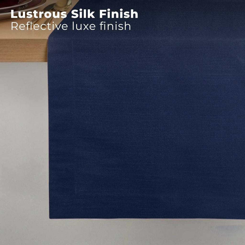 Navy blue Luxe Shine table runner styled on a dining table