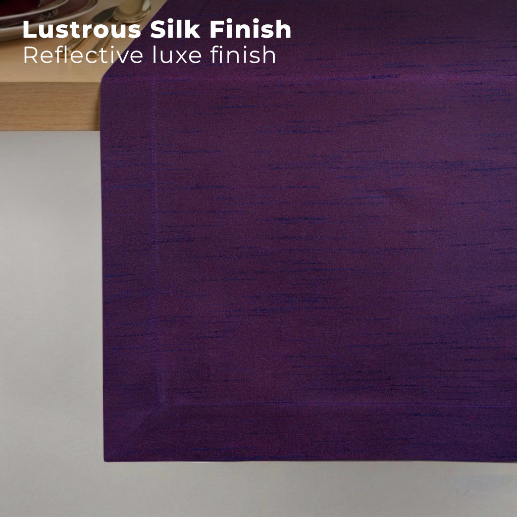 Purple Luxe Shine table runner styled on a dining table