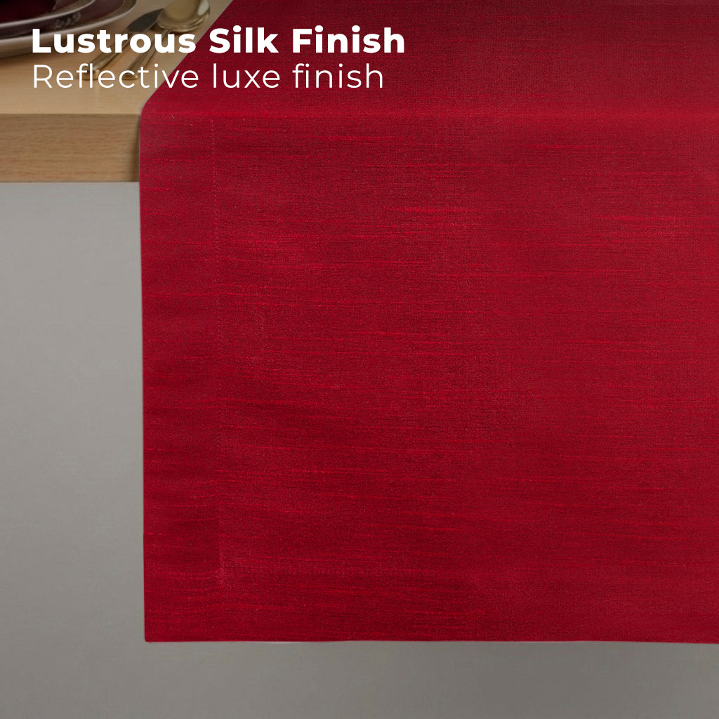 Tango red Luxe Shine table runner styled on a dining table