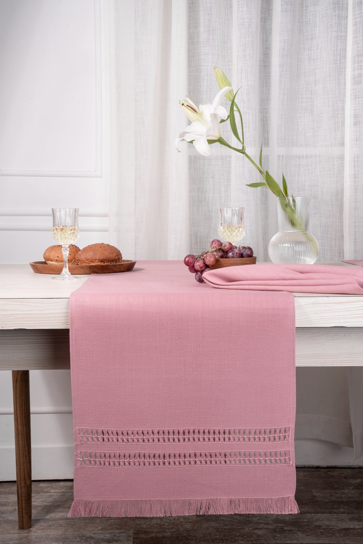 Dusty Pink Linen Textured Table Runner - Hand Hemstitch