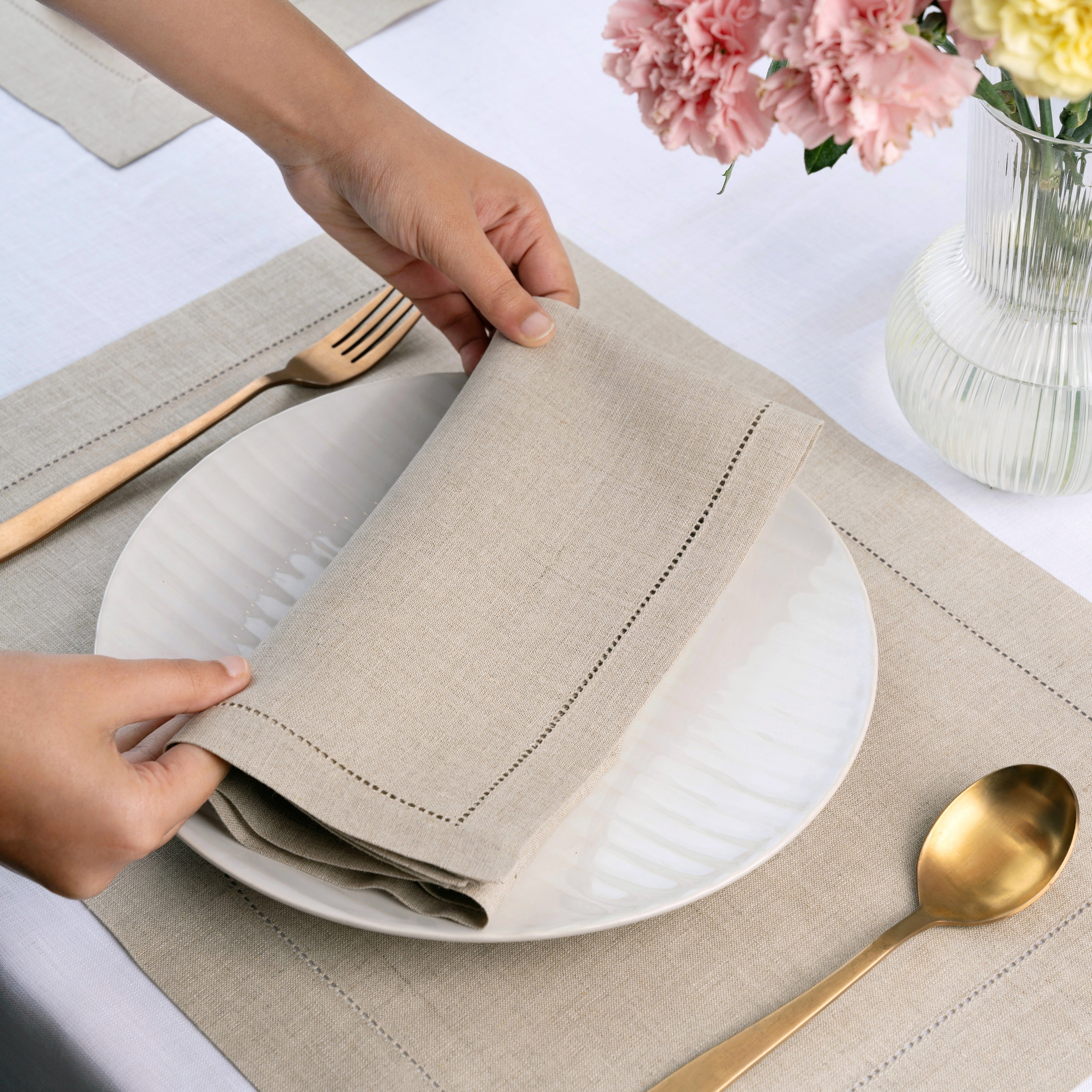 Natural Linen Napkins, Hemstitch, 20 x 20 inch, 8 pcs