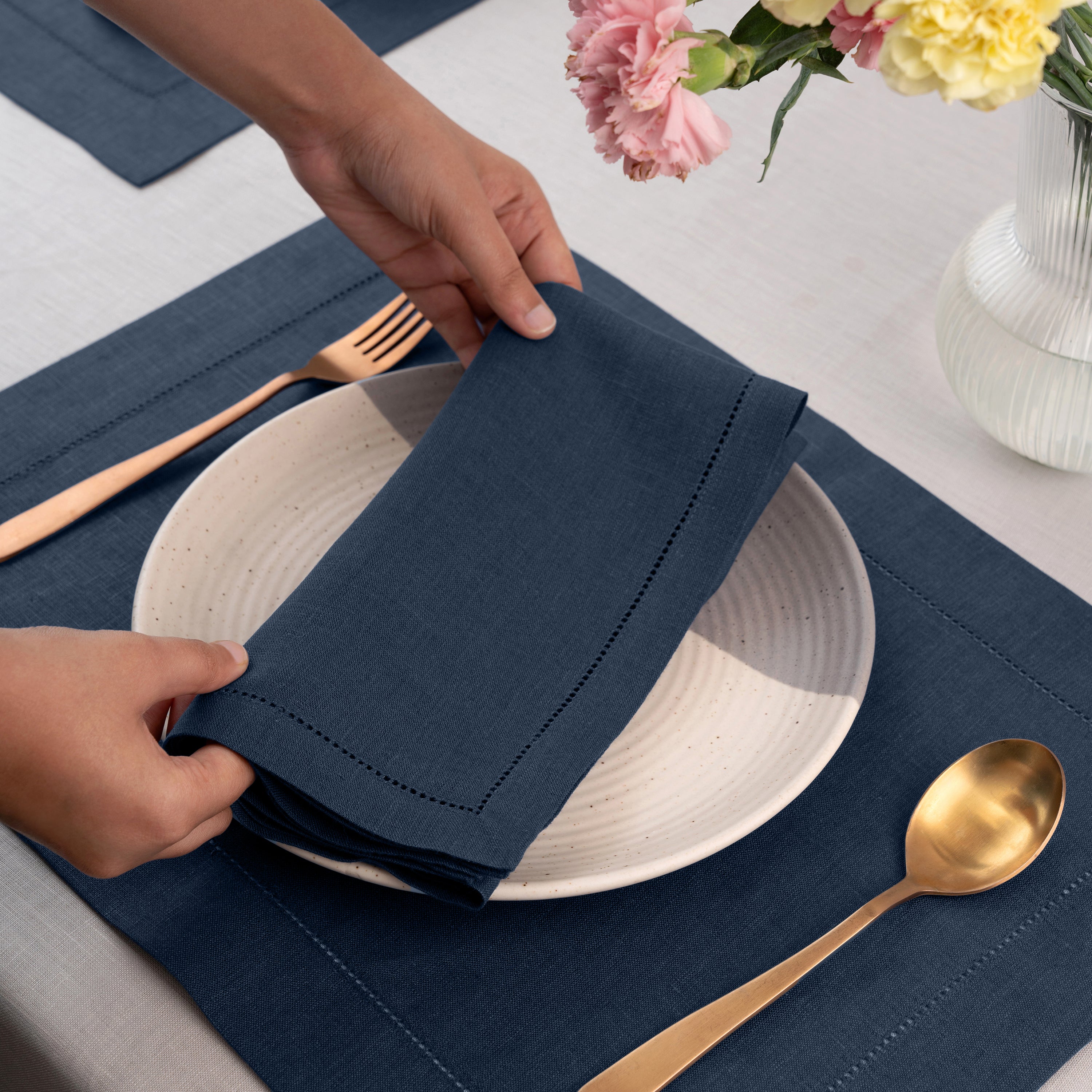Navy Blue Linen Napkins, Hemstitch, 20 x 20 inch, 8 pcs
