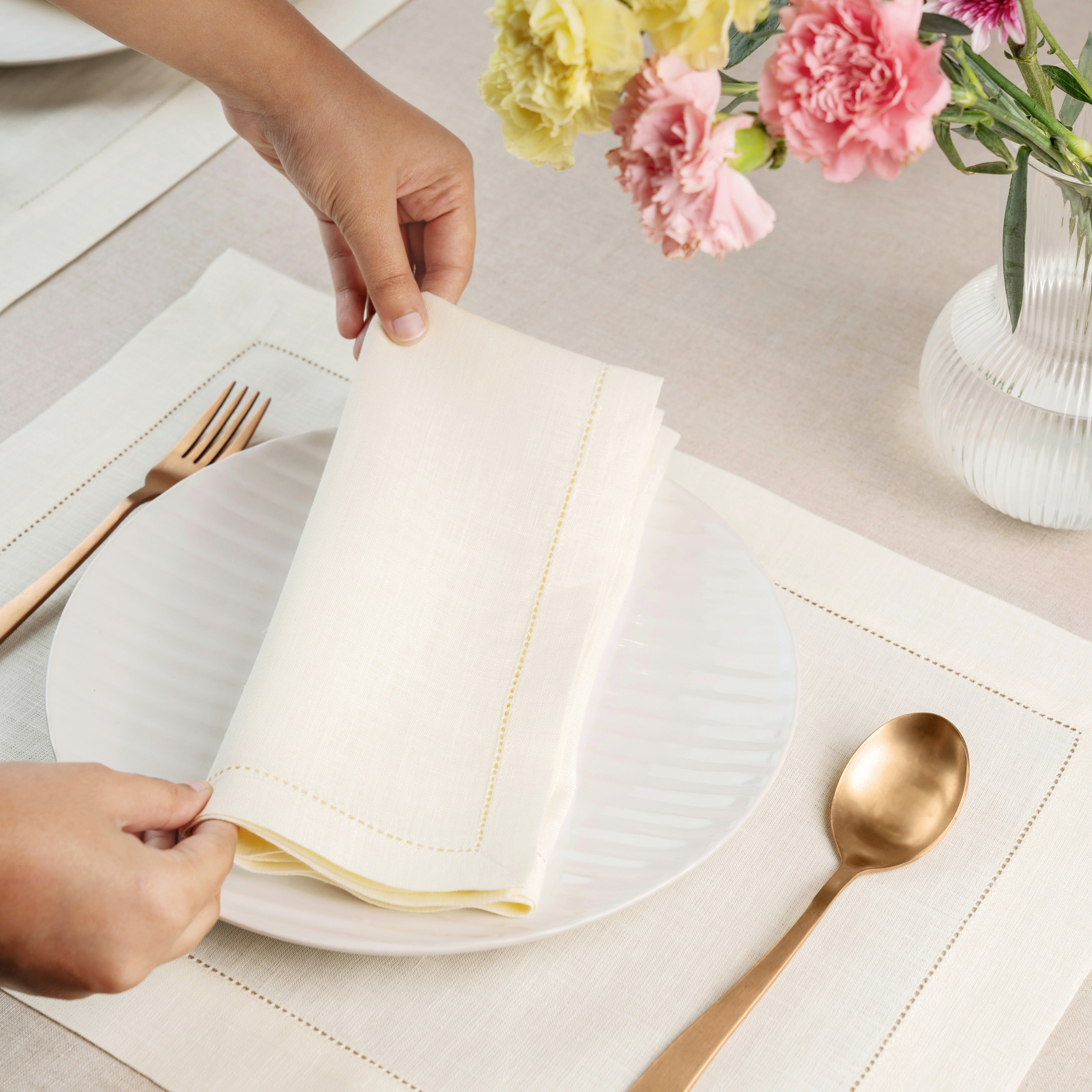Ivory Linen Napkins, Hemstitch, 20 x 20 inch, 8 pcs