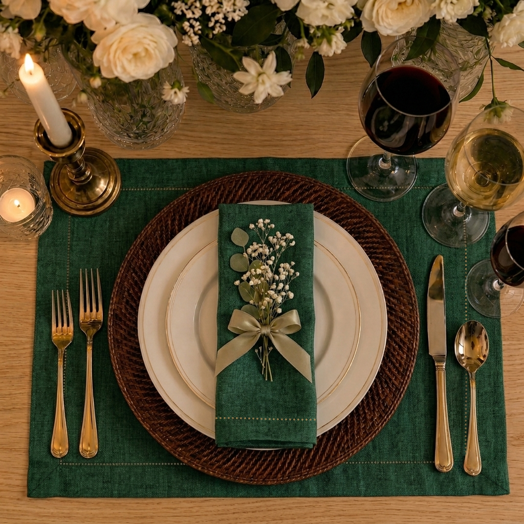 Signature Linen™ Forest Green Chambray Placemats - Hemstitch, 4 pcs