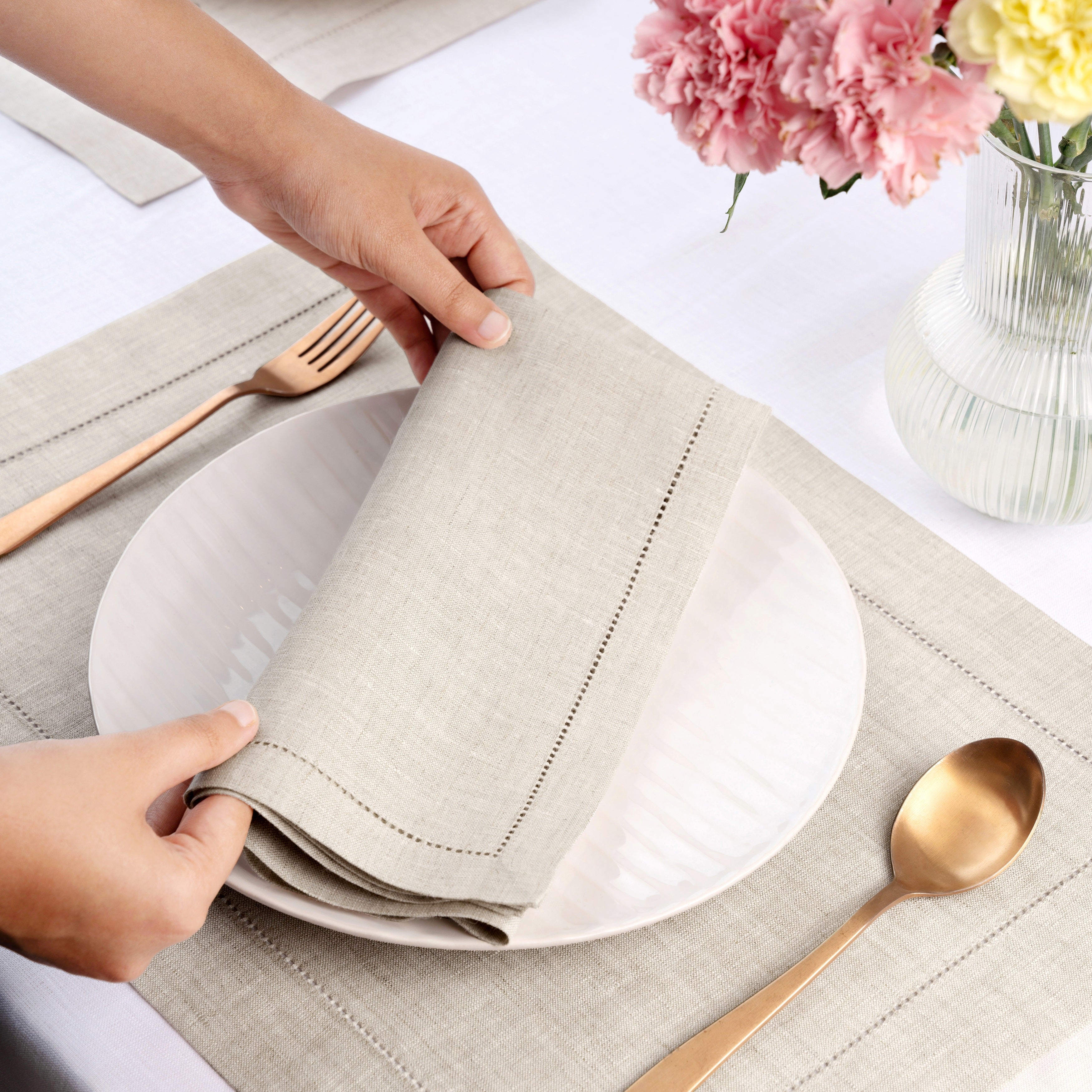 Light Natural Linen Napkins, Hemstitch, 20 x 20 inch, 8 pcs
