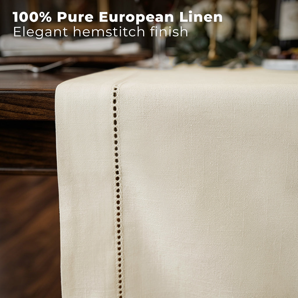 Ivory pure linen table runner styled on a dining table