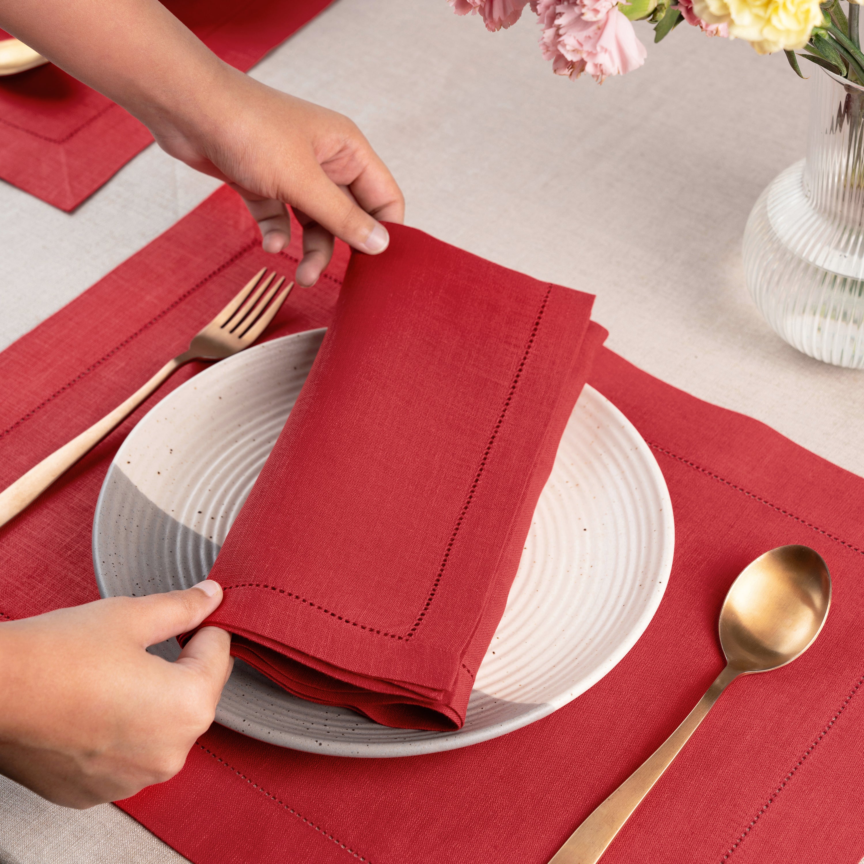 Bright Red Linen Napkins, Hemstitch, 20 x 20 inch, 8 pcs