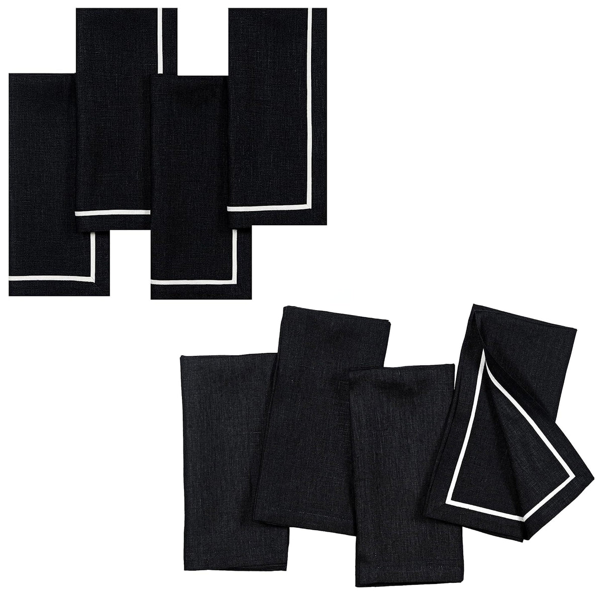 Black and white pure linen dinner napkins styled on a dining table