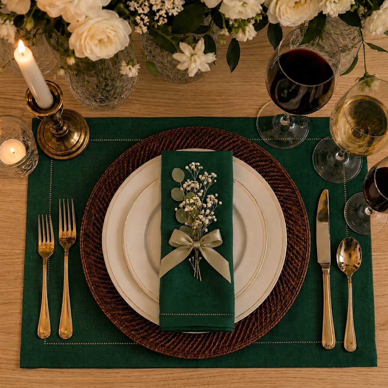 Close-up of the hemstitch edge on forest green pure linen placemats