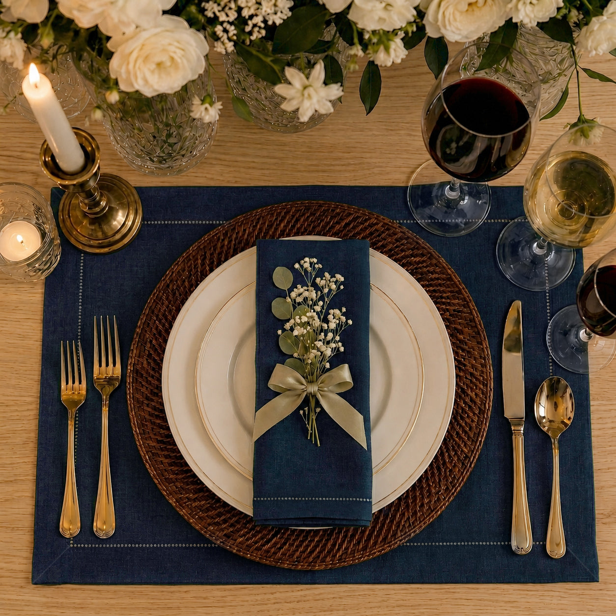 Navy blue pure linen placemats styled on a dining table