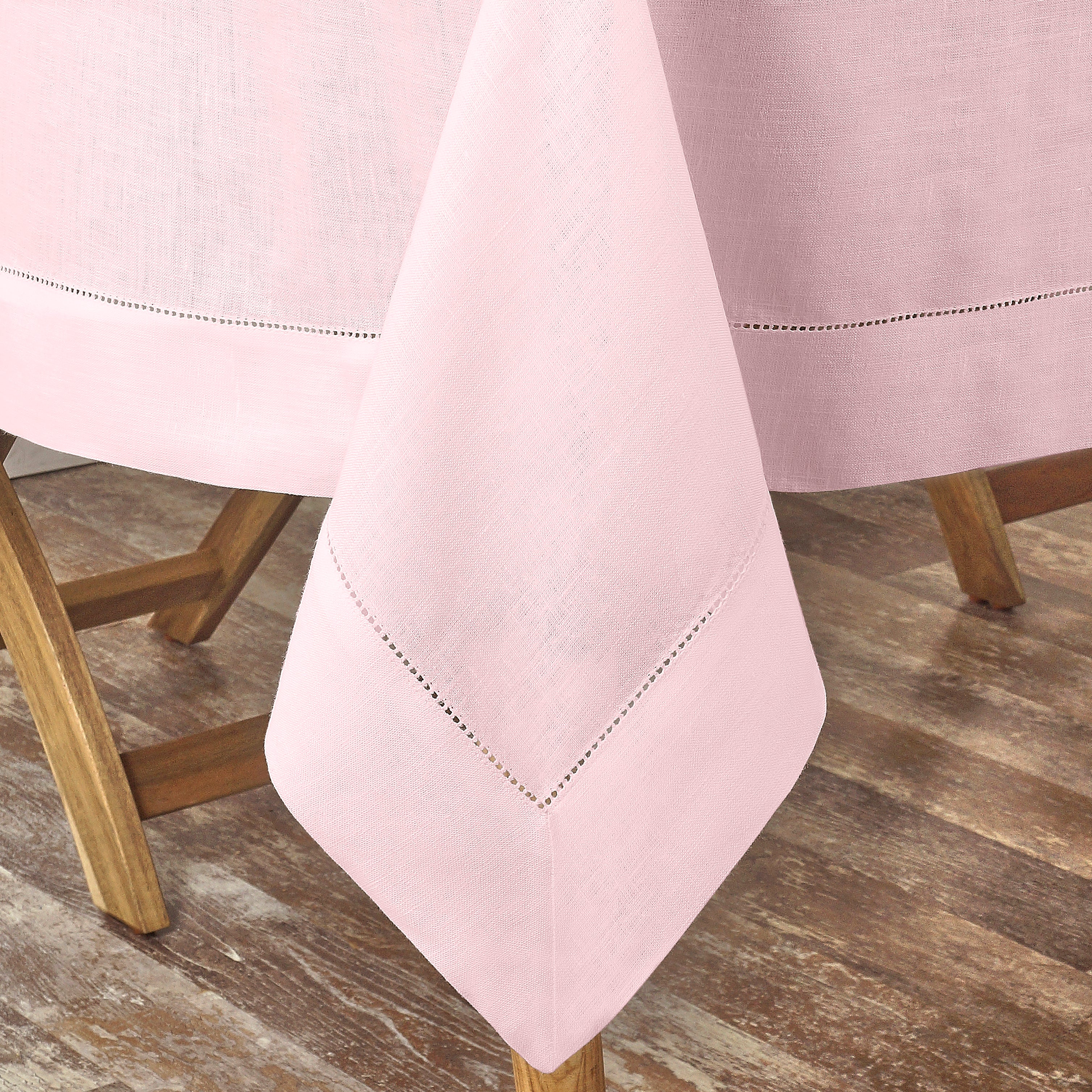 Pastel pink pure linen tablecloth styled on a dining table
