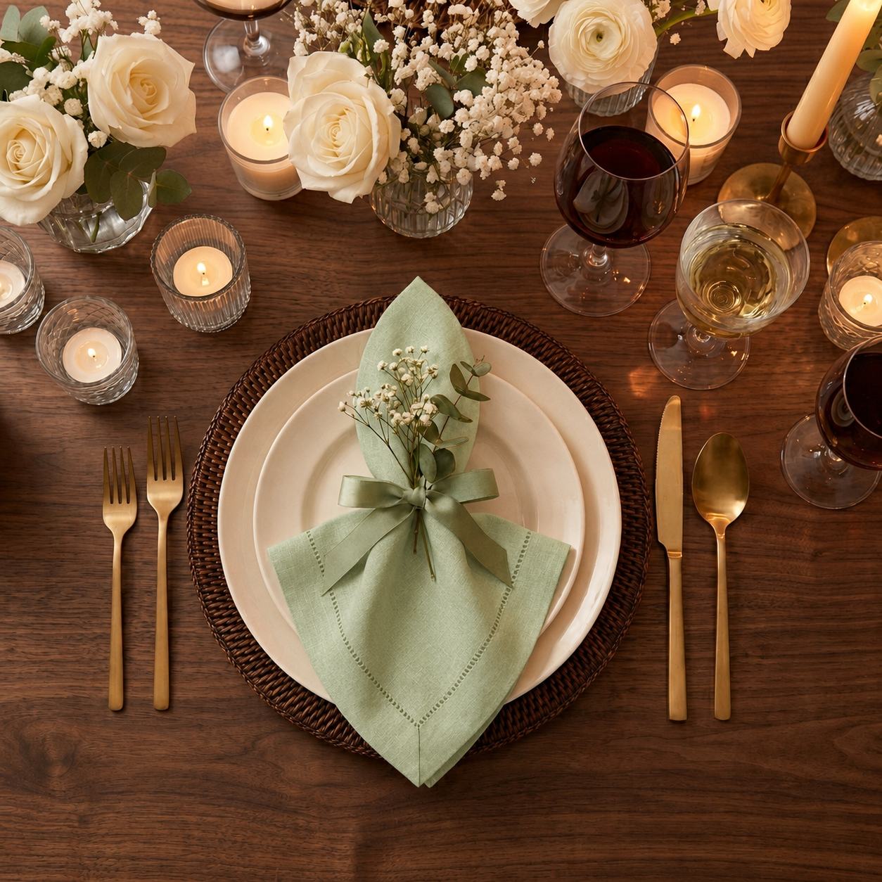 Sage green pure linen dinner napkins styled on a dining table