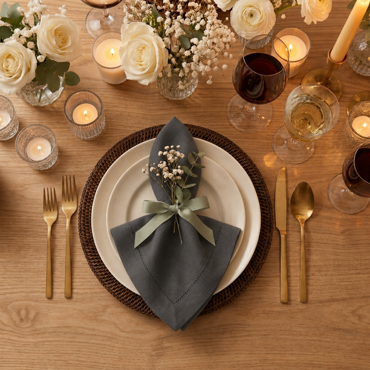 Charcoal grey pure linen dinner napkins styled on a dining table