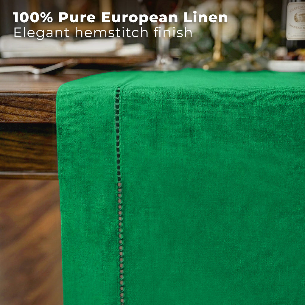 Kelly green pure linen table runner styled on a dining table