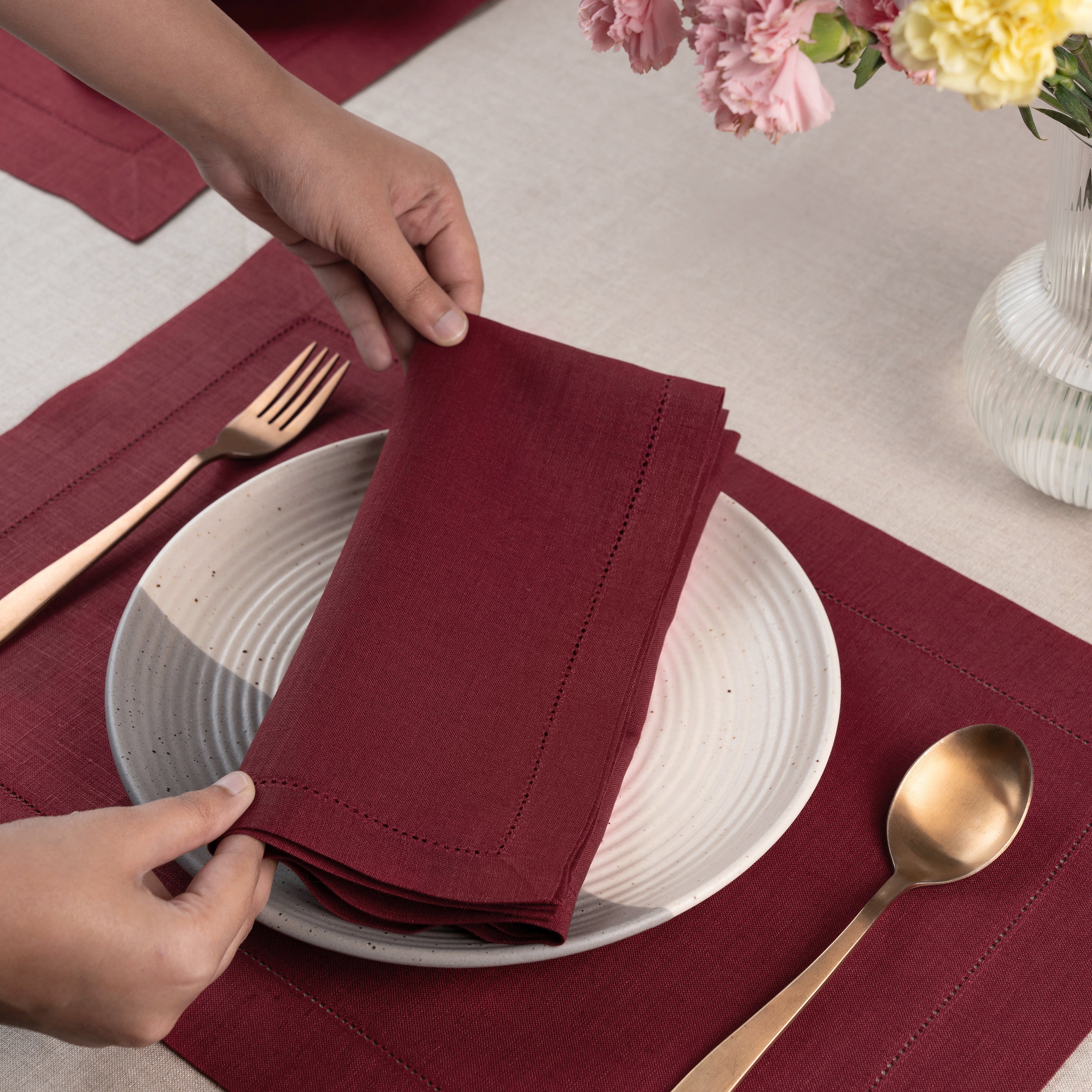 Dark Red Linen Napkins, Hemstitch, 20 x 20 inch, 8 pcs
