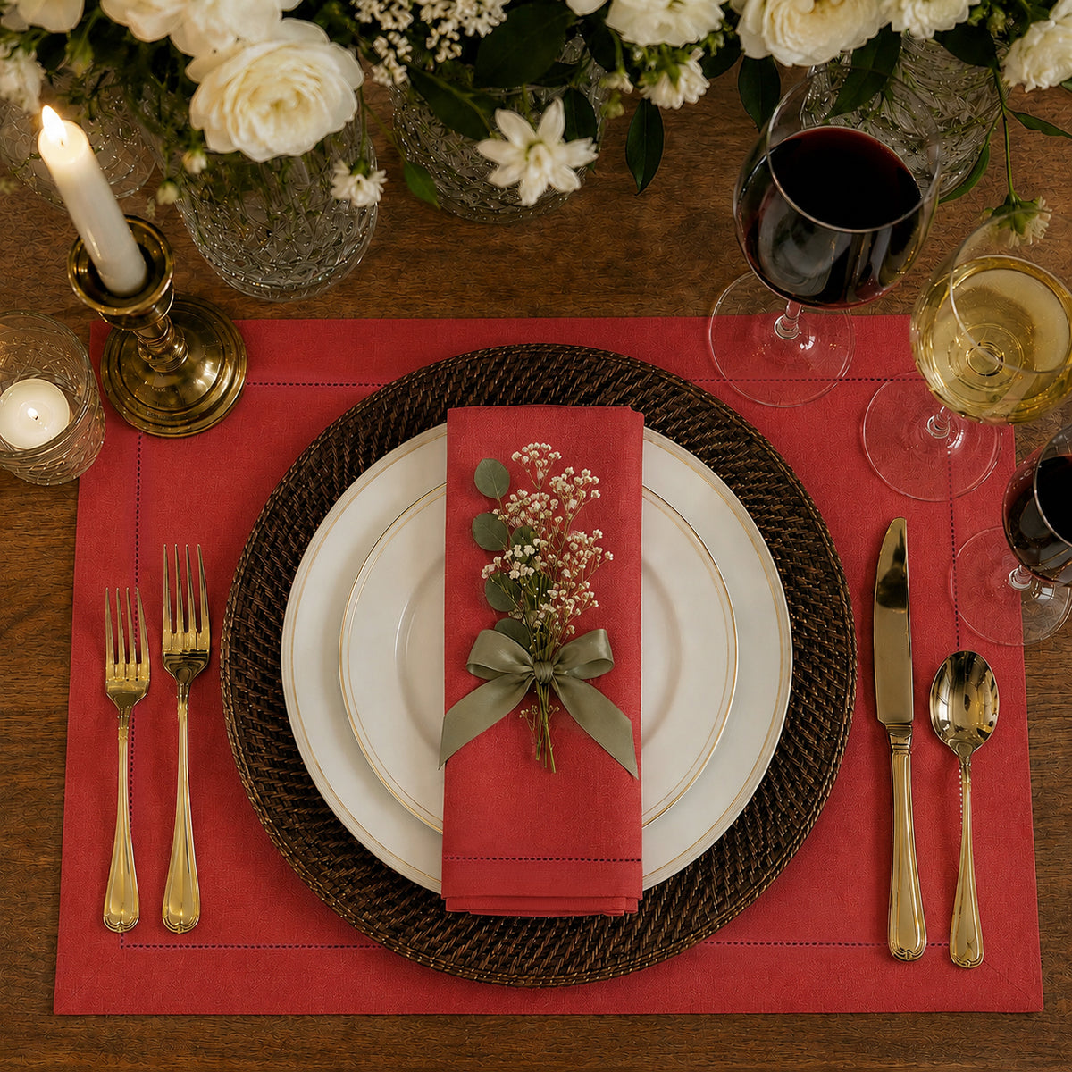 Bright red pure linen placemats styled on a dining table