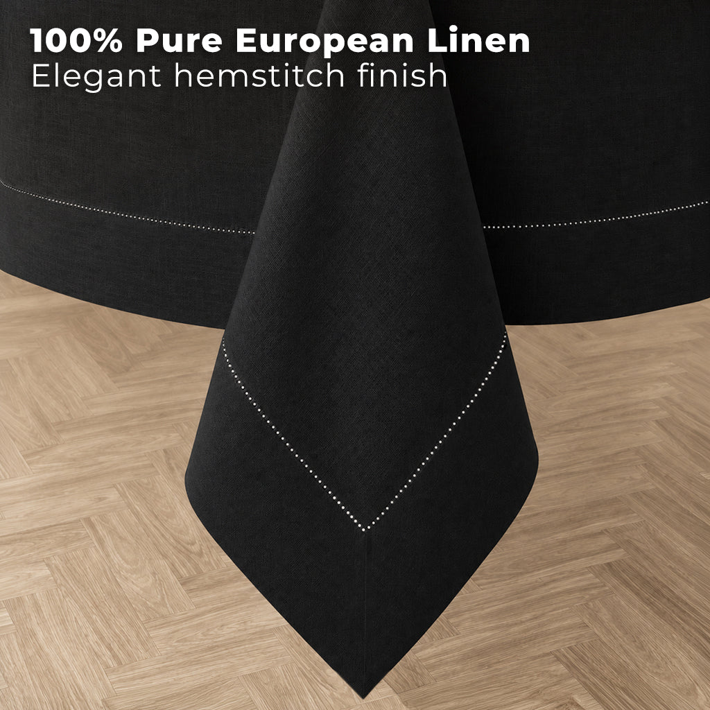 Black pure linen tablecloth styled on a dining table