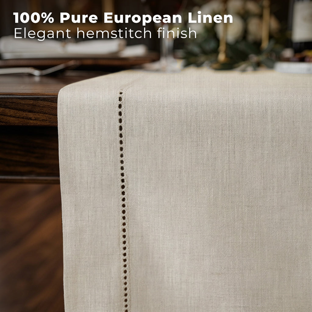 Light natural pure linen table runner styled on a dining table