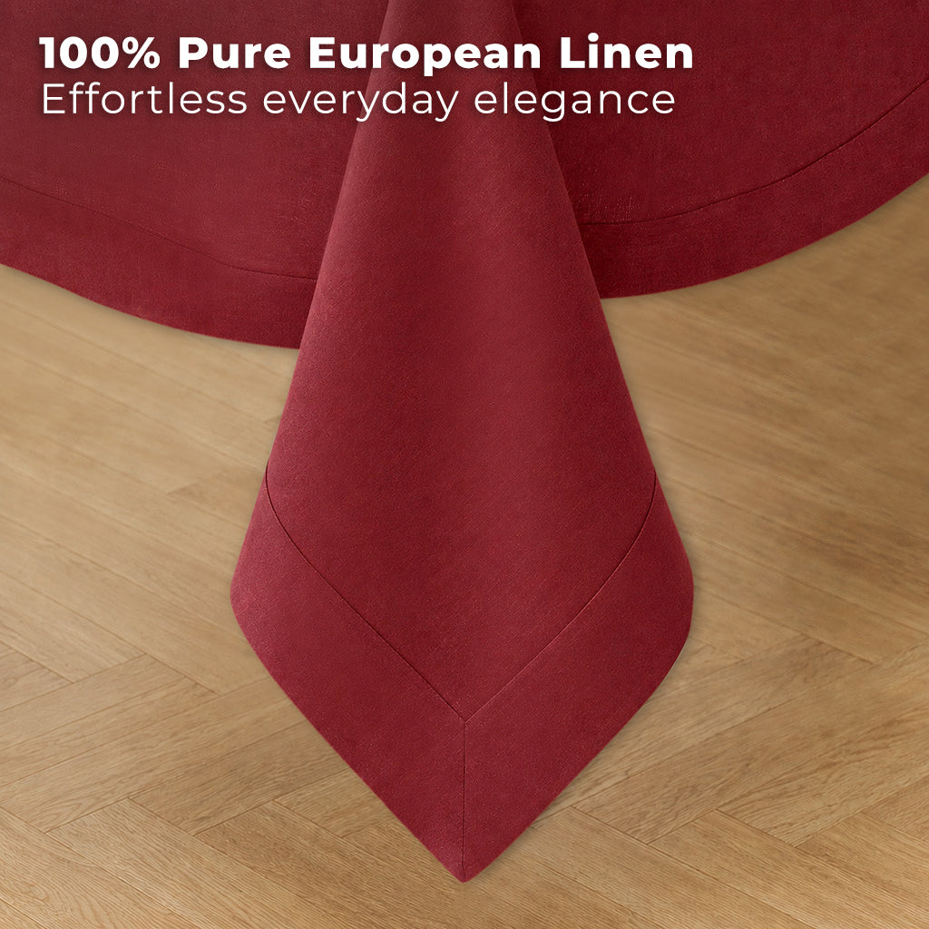 Red pure linen tablecloth styled on a dining table