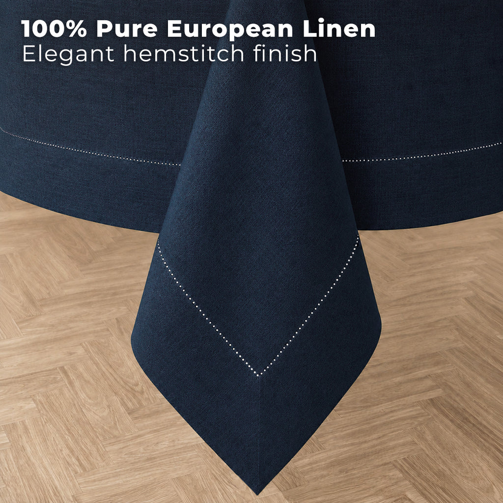 Navy blue pure linen tablecloth styled on a dining table