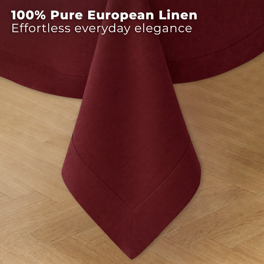 Dark red pure linen tablecloth styled on a dining table