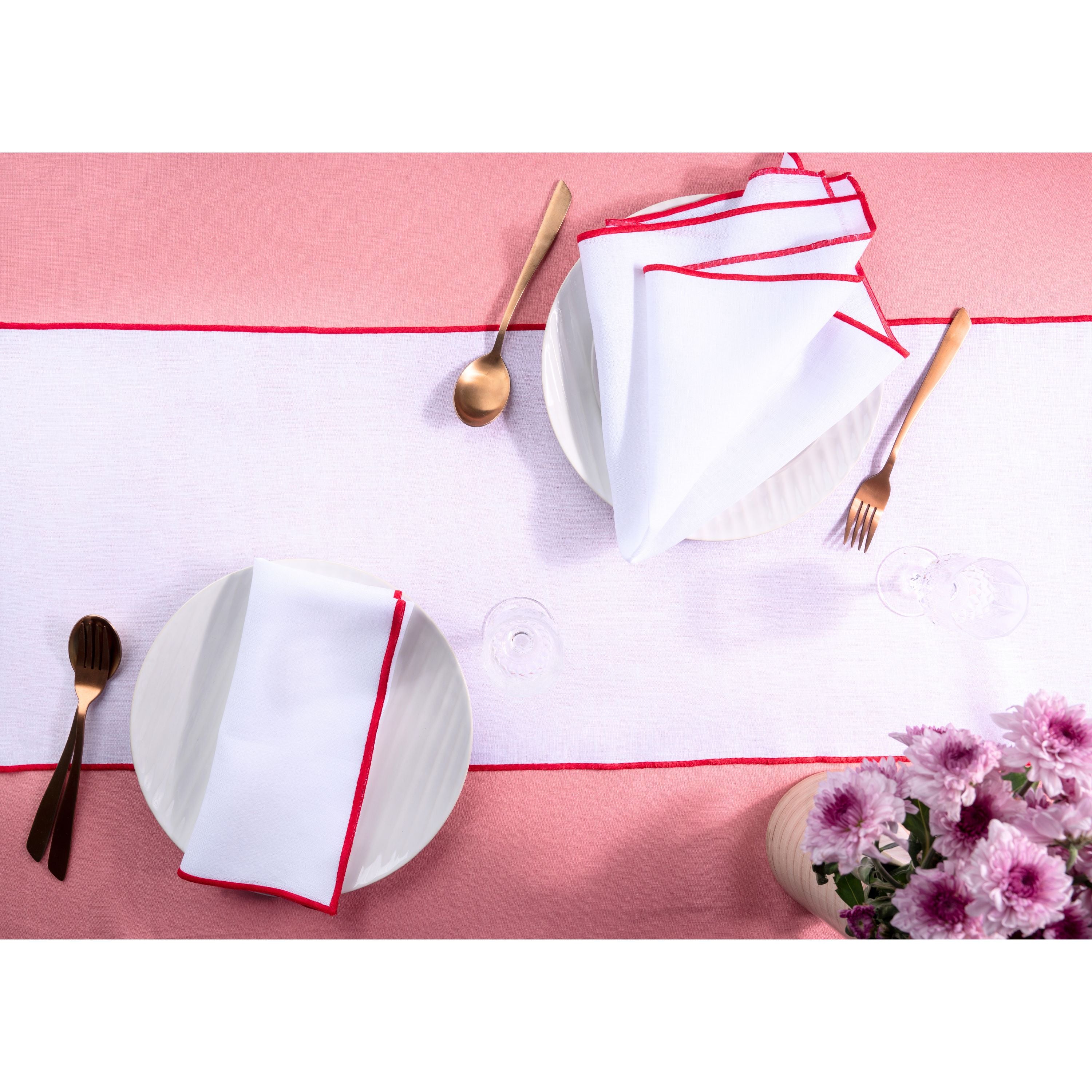White and red pure linen table runner styled on a dining table
