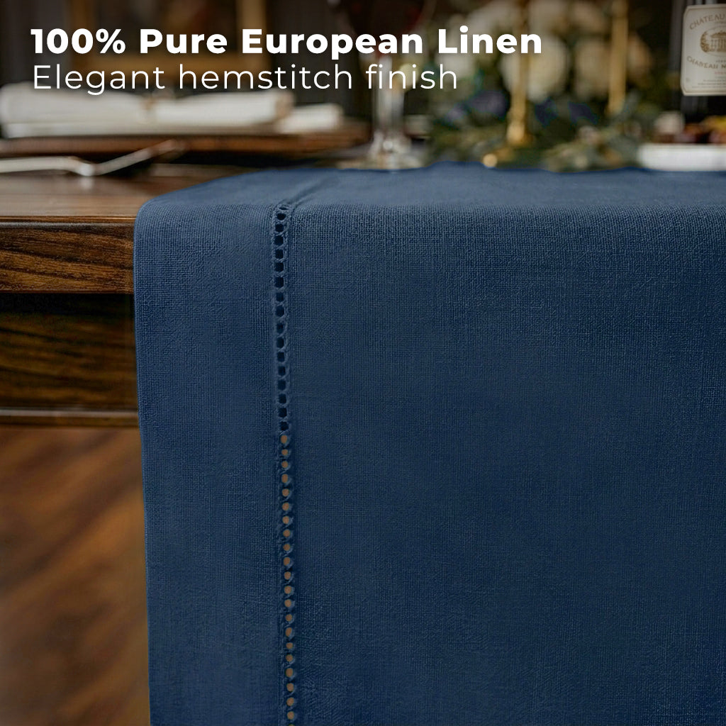 Navy blue pure linen table runner styled on a dining table