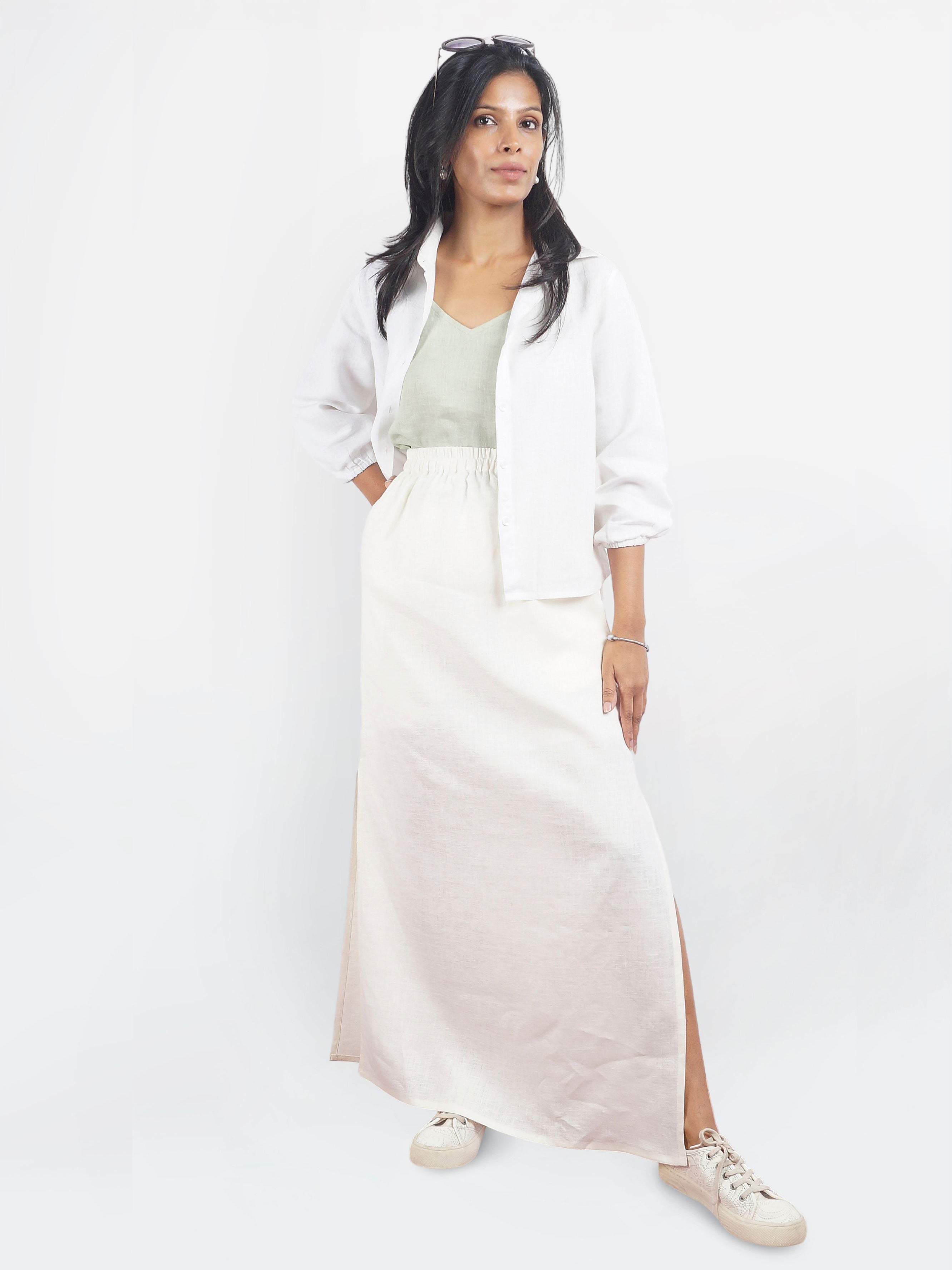 Ivory Linen Midi Skirt