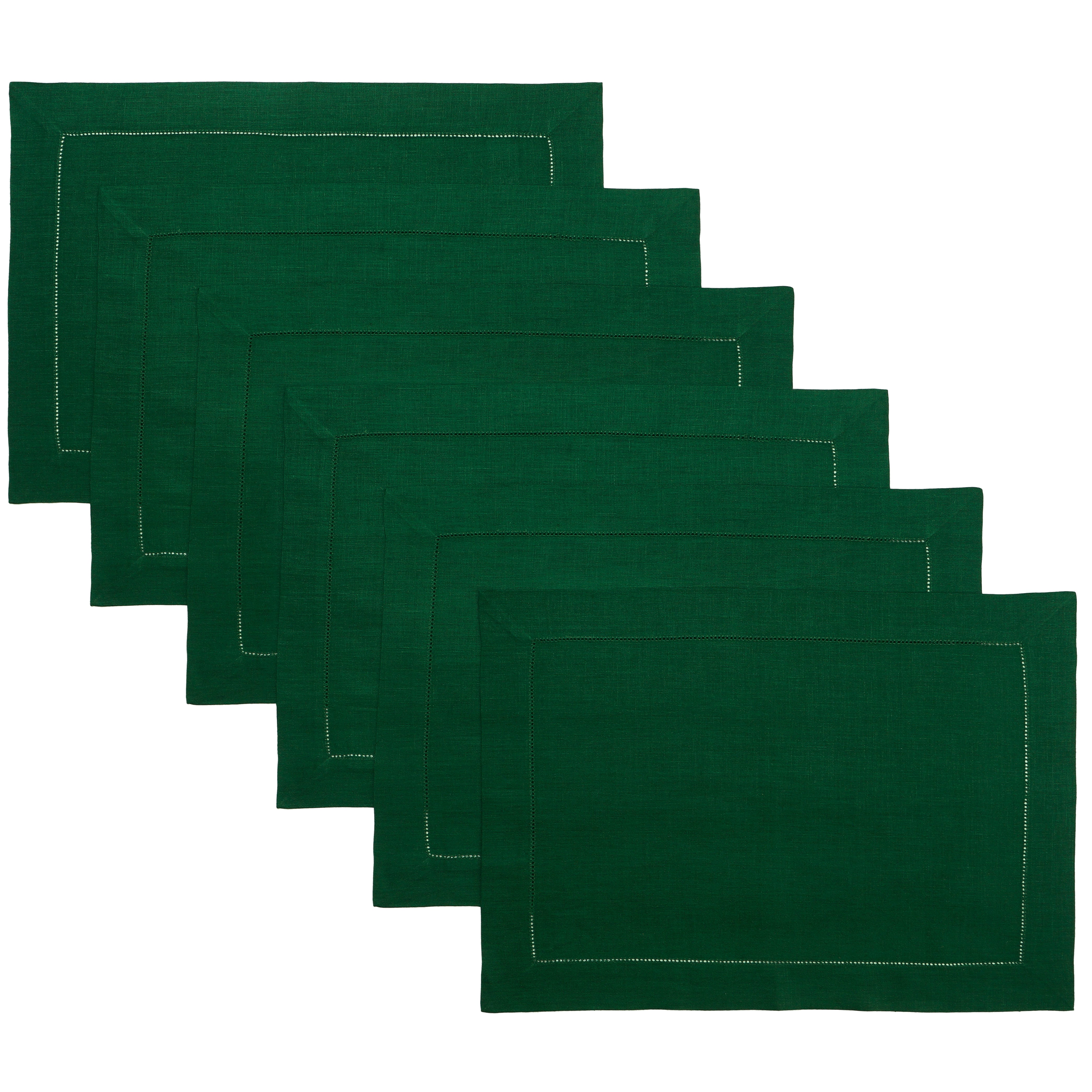 Forest green pure linen placemats with hemstitch edge, 14 x 19 inches, set of 6