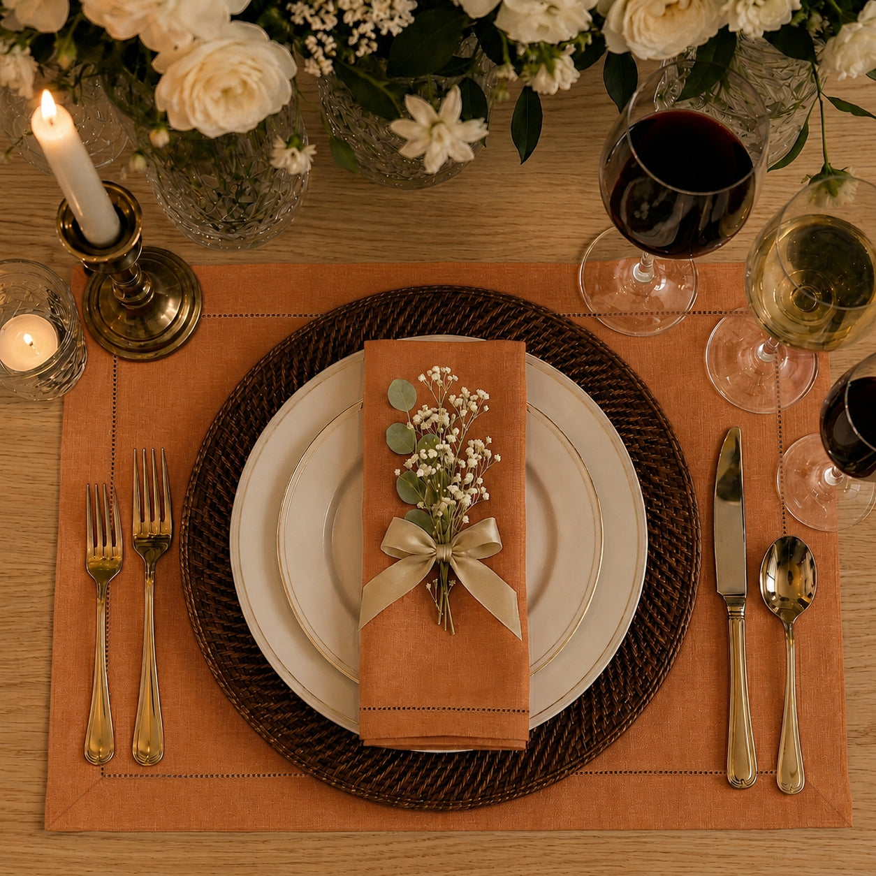 Rust pure linen placemats styled on a dining table