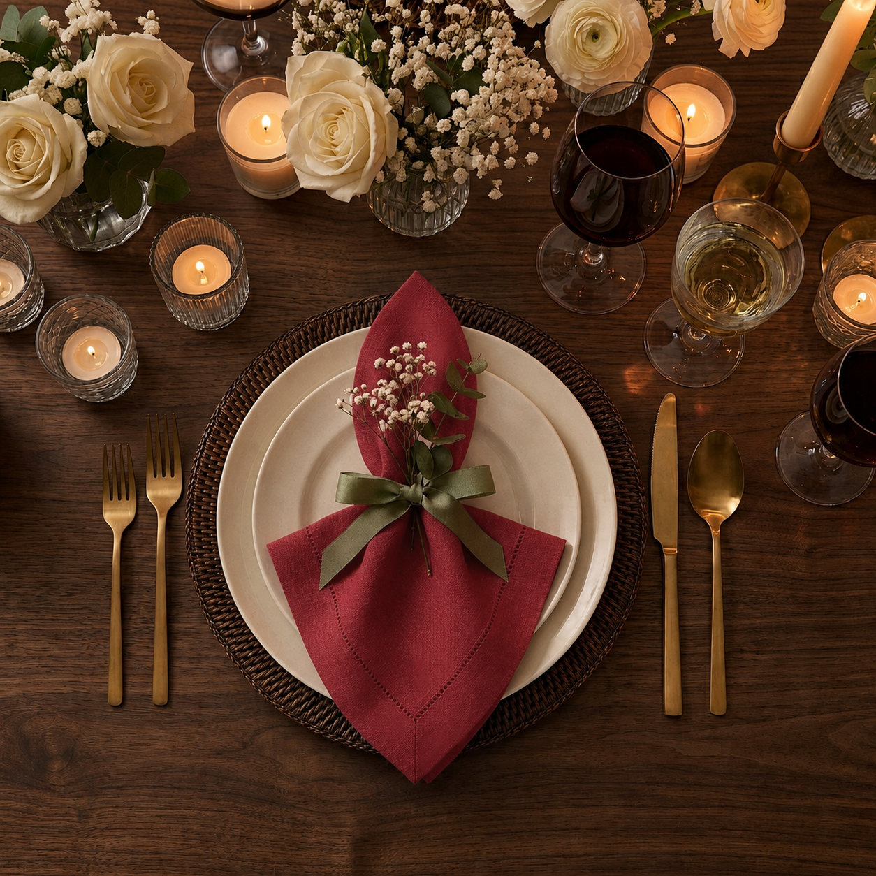 Red pure linen dinner napkins styled on a dining table