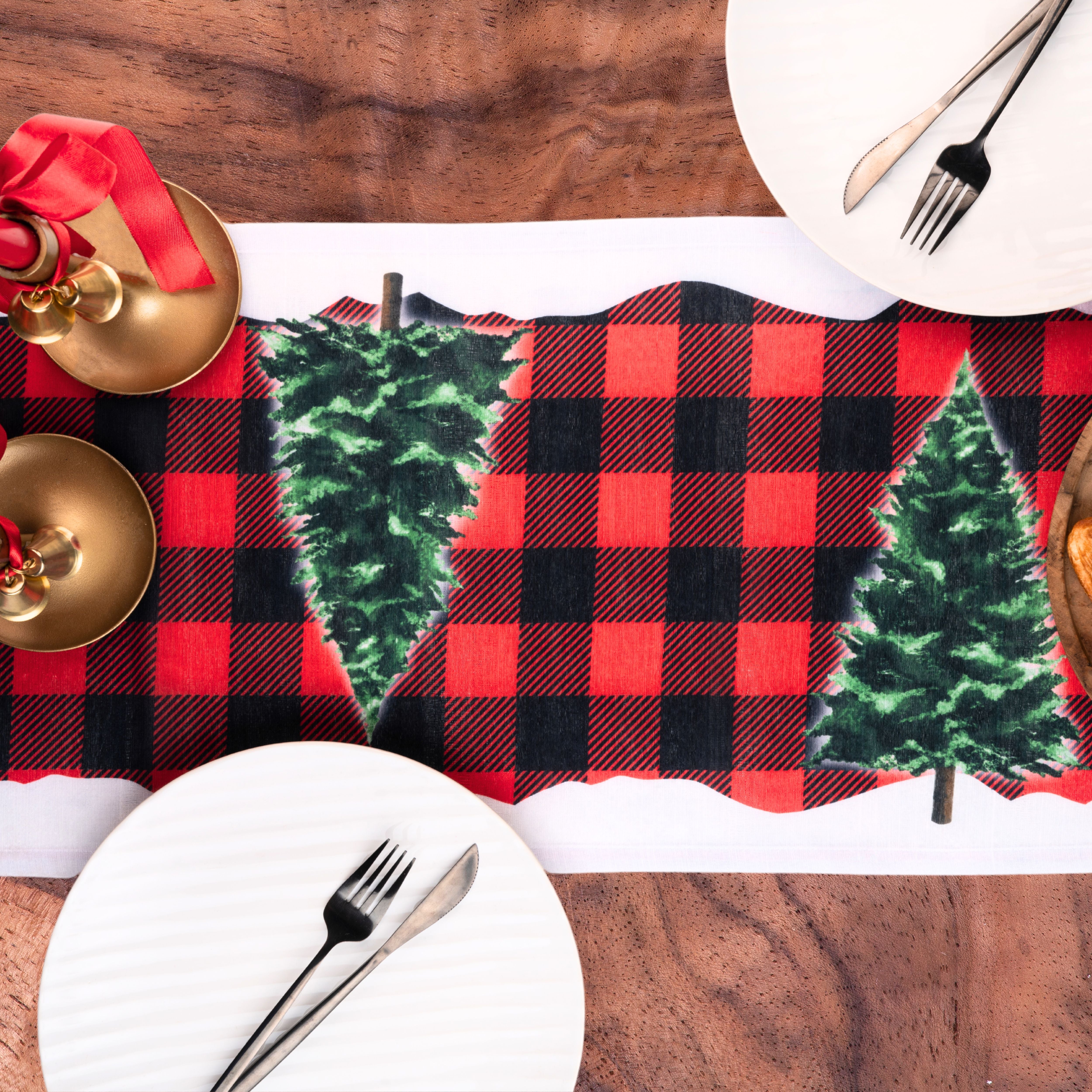 Gnomes plaid Luxe Shineβ’ table runner styled on a dining table