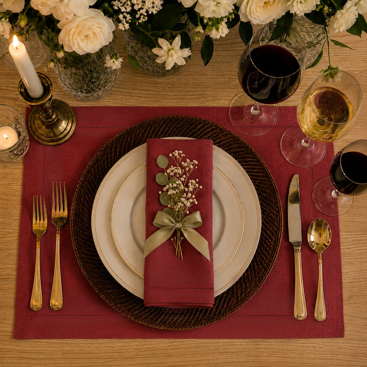 Red pure linen placemats styled on a dining table