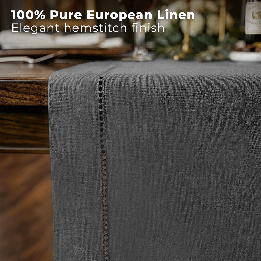 Charcoal grey pure linen table runner styled on a dining table