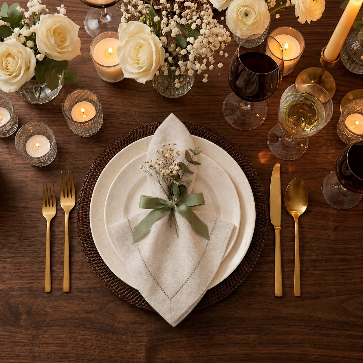Light natural pure linen dinner napkins styled on a dining table