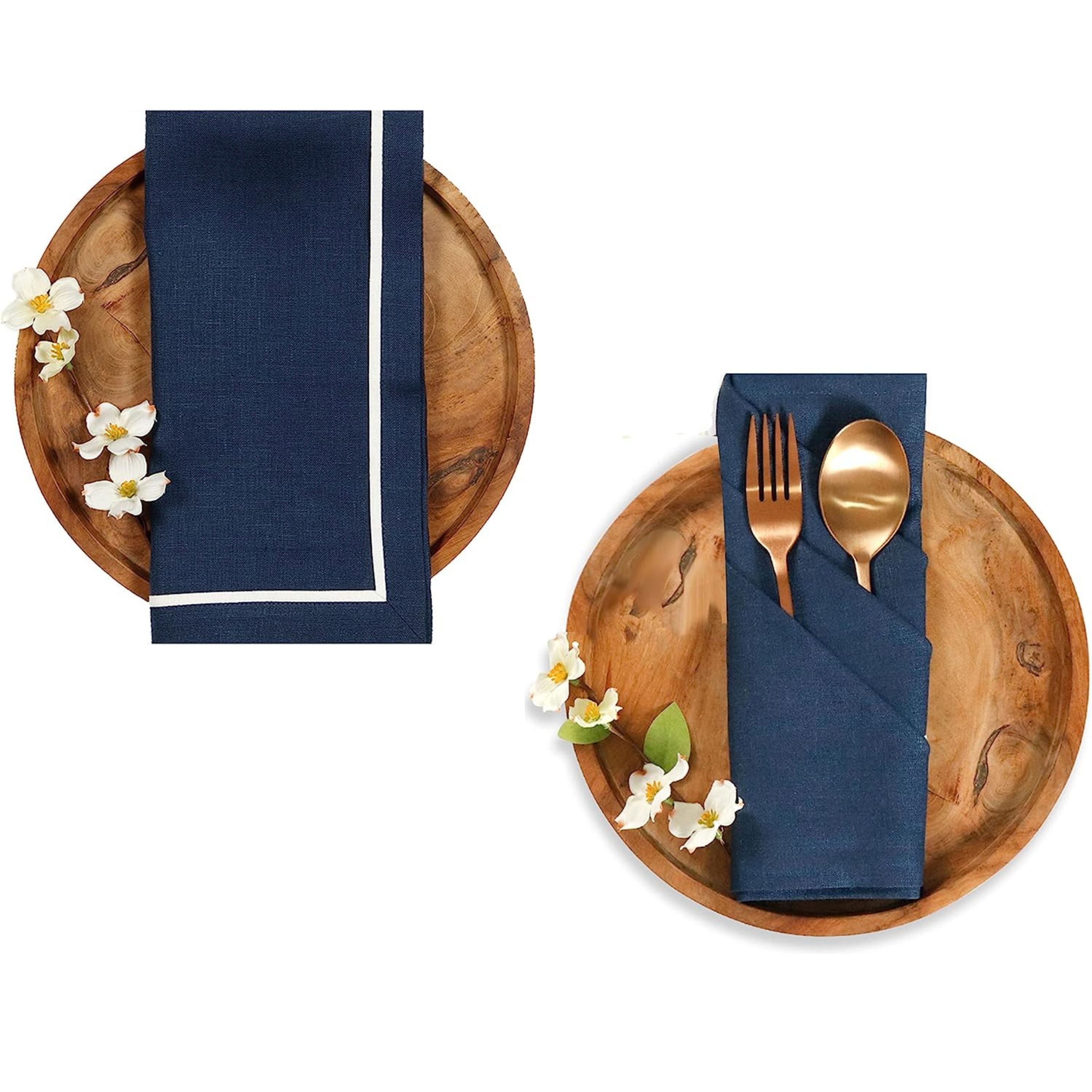Close-up of the reversible design on navy blue and white pure linen dinner napkins