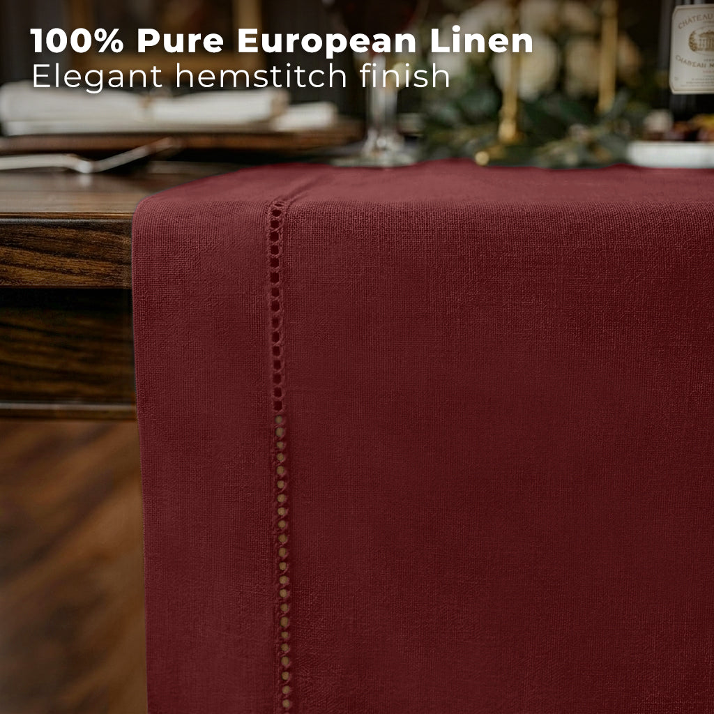 Dark red pure linen table runner styled on a dining table