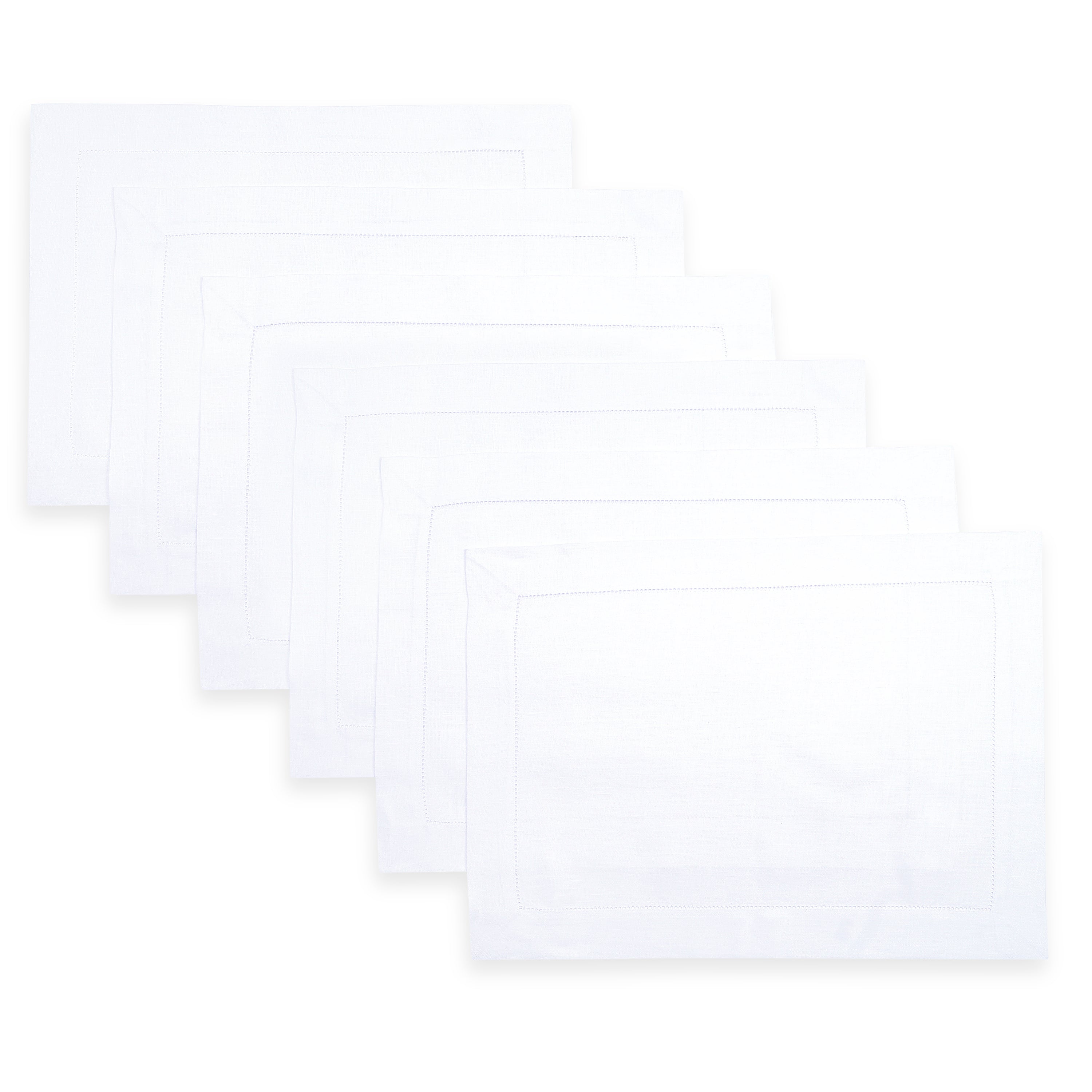 White pure linen placemats with hemstitch edge, 14 x 19 inches, set of 6
