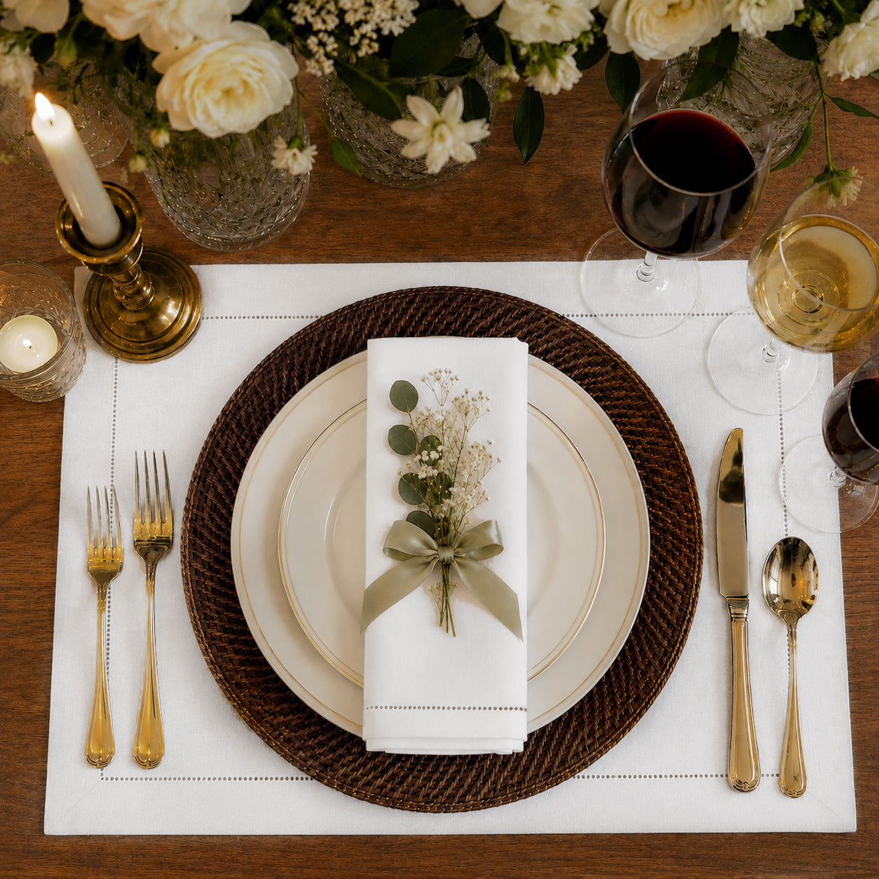 White pure linen placemats styled on a dining table