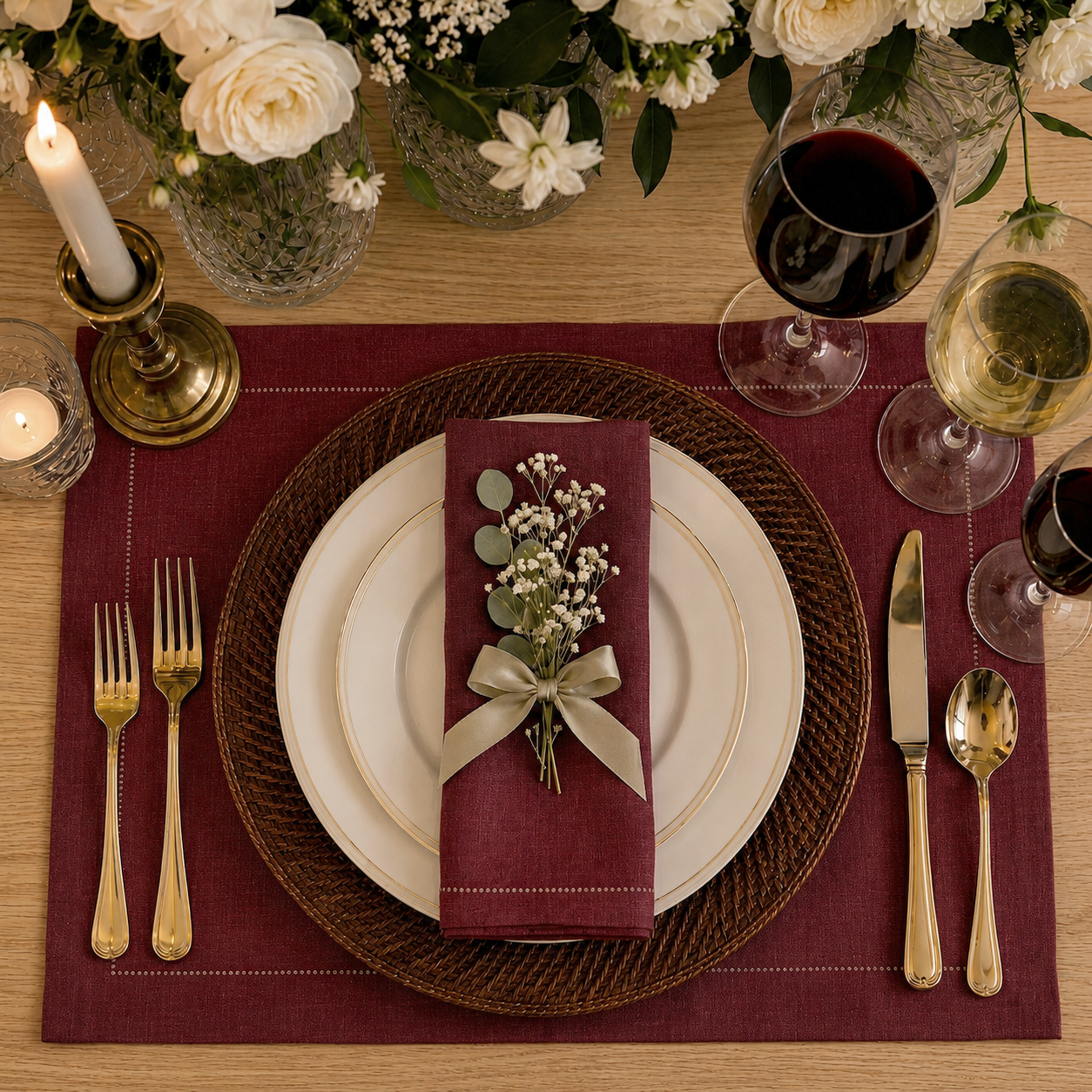 Dark red pure linen placemats styled on a dining table