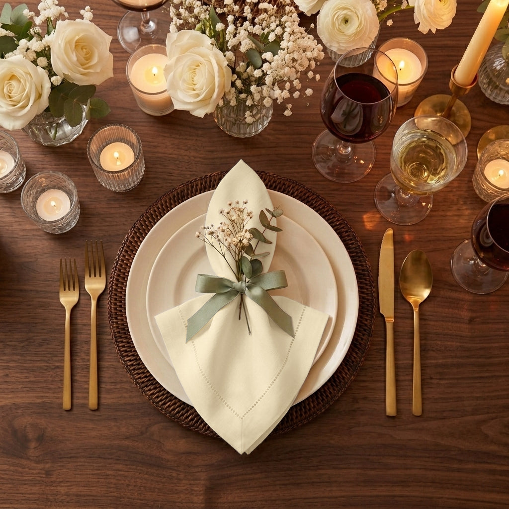 Ivory pure linen dinner napkins styled on a dining table