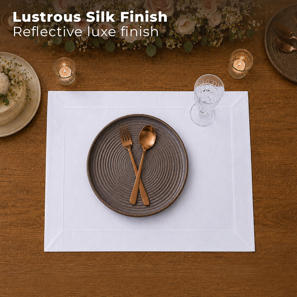 White Luxe Shine placemats styled on a dining table