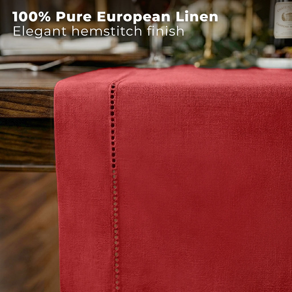 Bright red pure linen table runner styled on a dining table