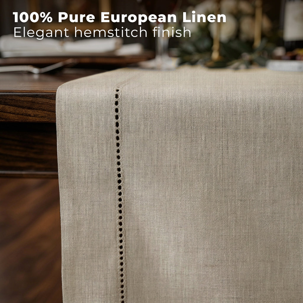Natural pure linen table runner styled on a dining table