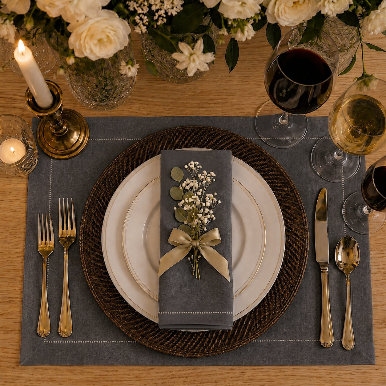 Charcoal grey pure linen placemats styled on a dining table