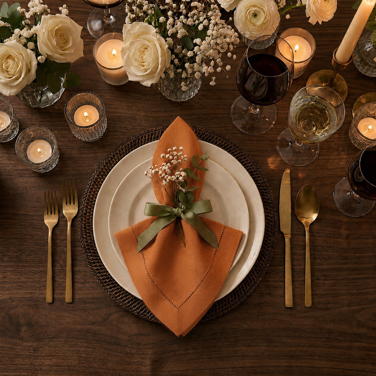 Rust pure linen dinner napkins styled on a dining table
