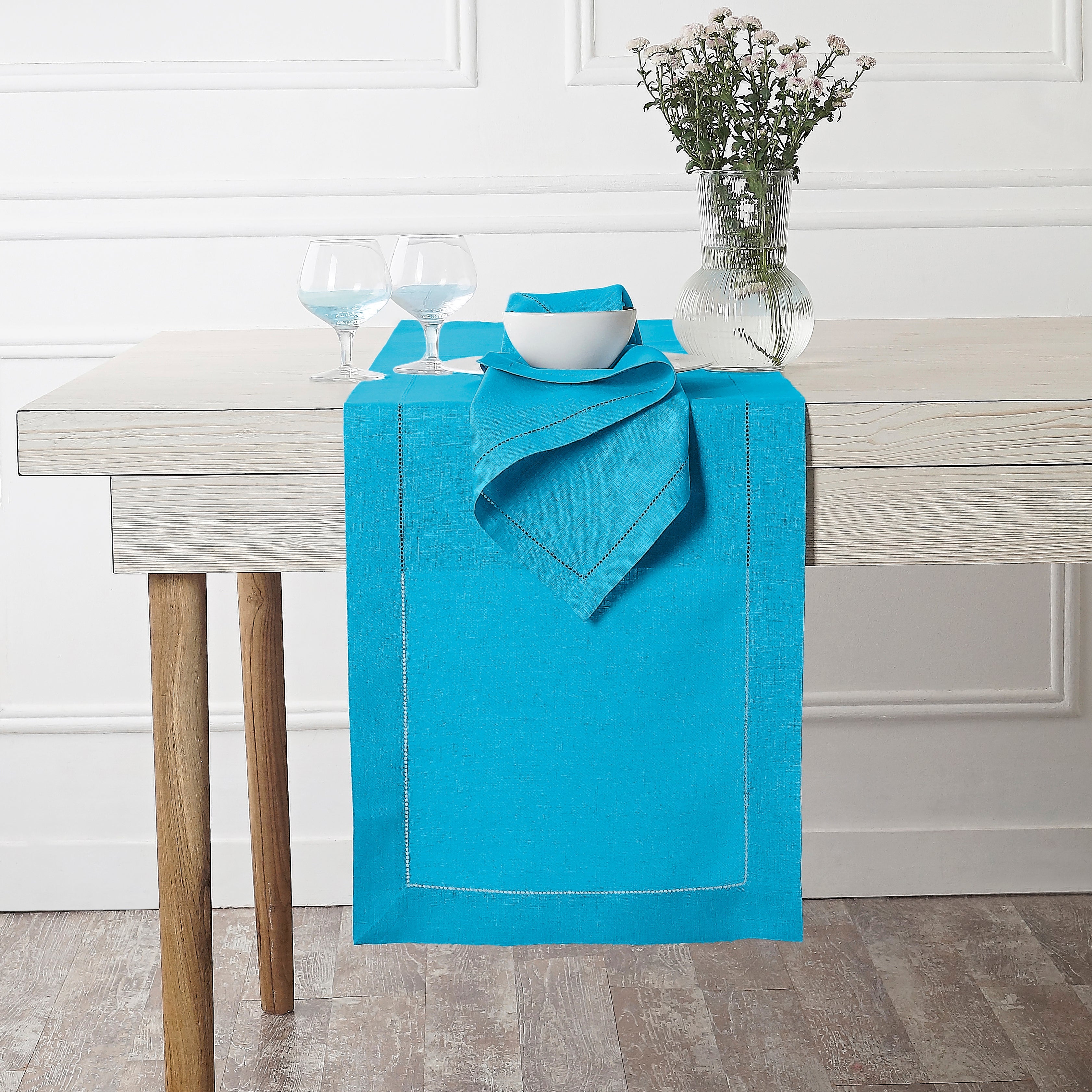 Cyan Blue Pure Linen Table Runner - Hemstitch