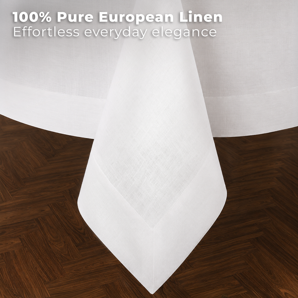 White pure linen tablecloth styled on a dining table
