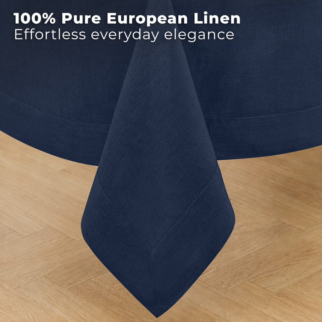 Navy blue pure linen tablecloth styled on a dining table