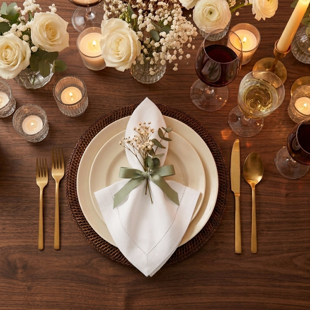 White pure linen dinner napkins styled on a dining table
